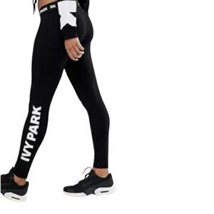 Women's L Ivy Park Black and White Logo Spell Out High Rise Fold Over Leggings
